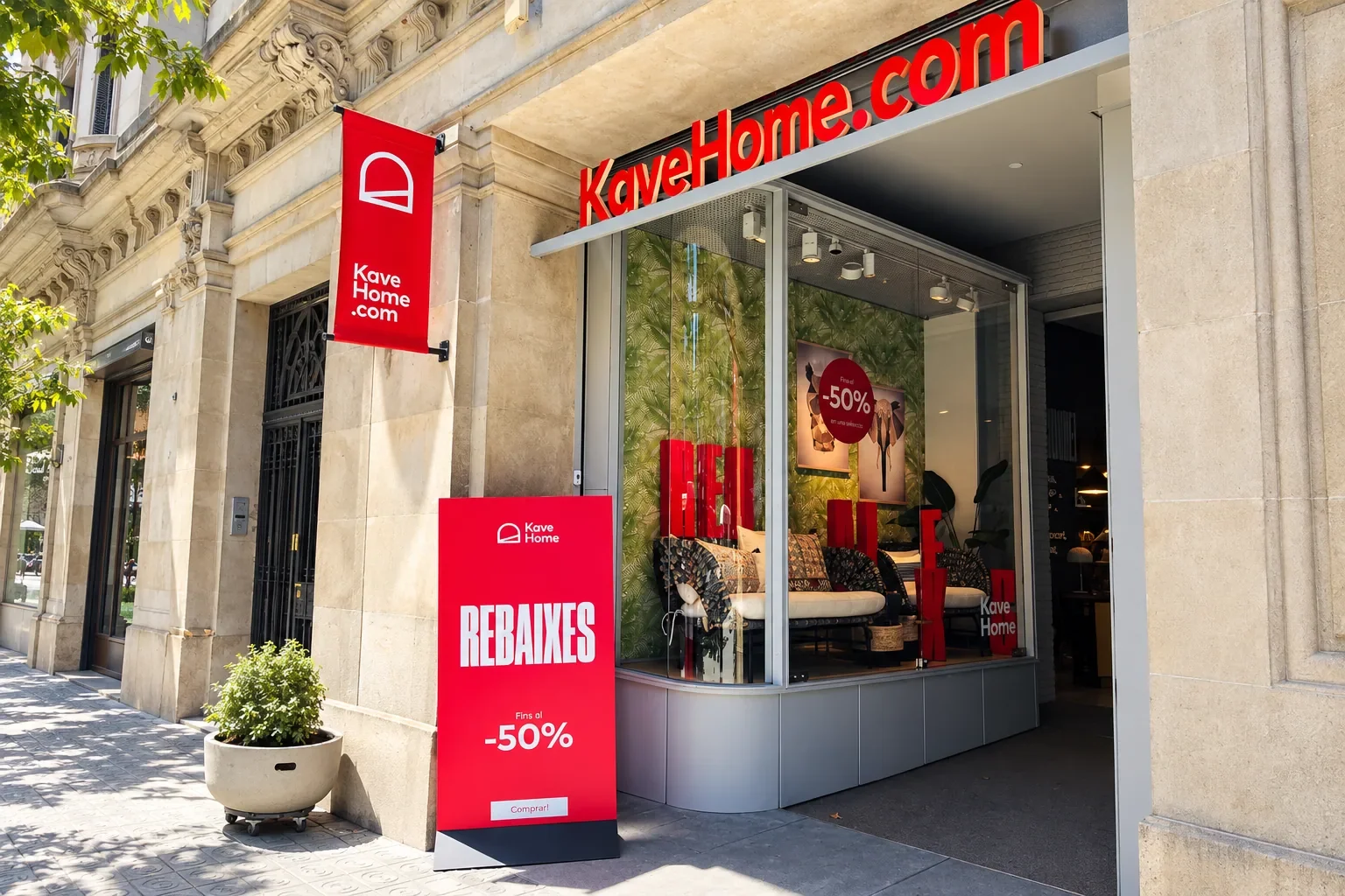 Botiga de Kave Home amb rètol vermell i gràfica exterior