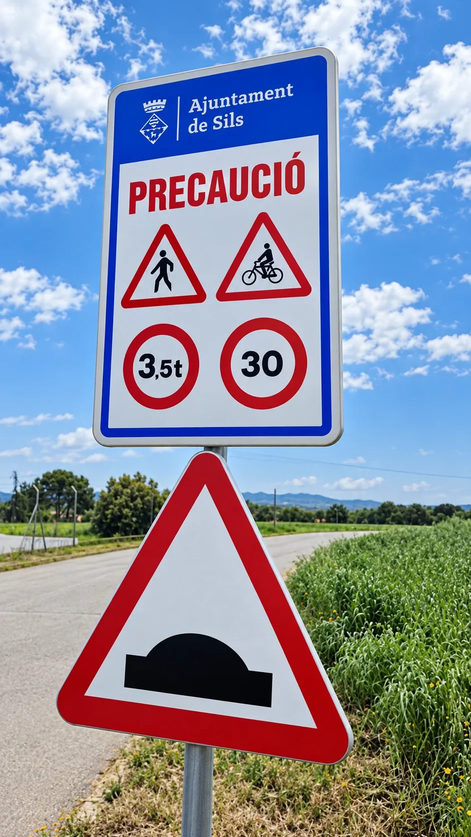 Senyal de precaució de Sils al costat de la carretera